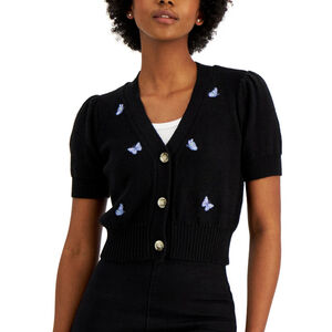 Hooked Up Juniors' M Puff-Sleeve Embroidered Butterfly Cardigan Sweater NWT